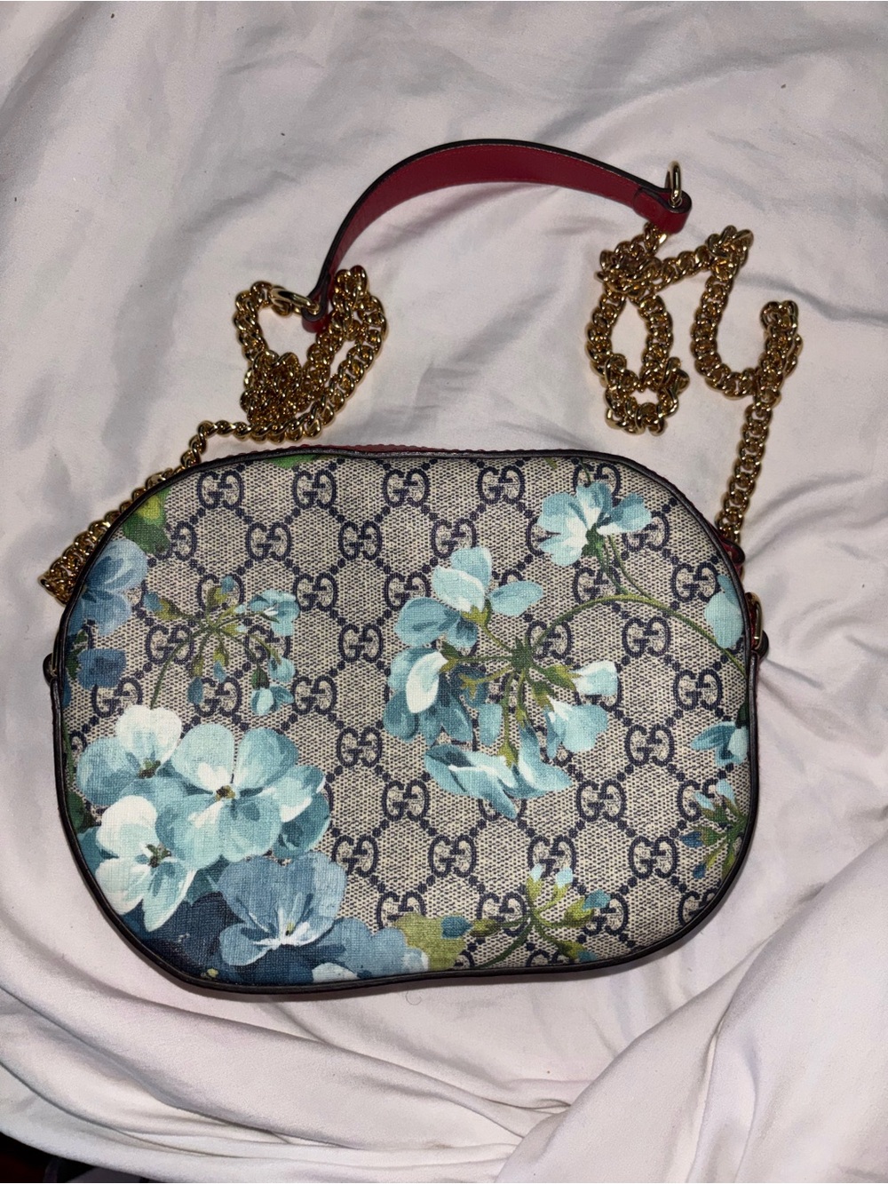 Gucci Blue Floral GG Canvas Crossbody with Gold Chain